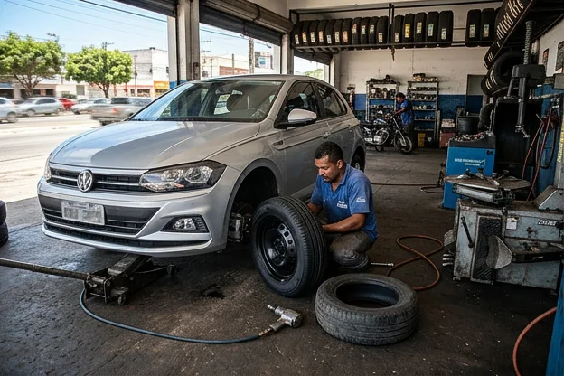 Carro sendo atendido em uma borracharia para troca de pneus.