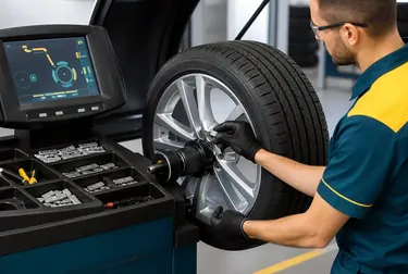 Equipamento de balanceamento de rodas em funcionamento.