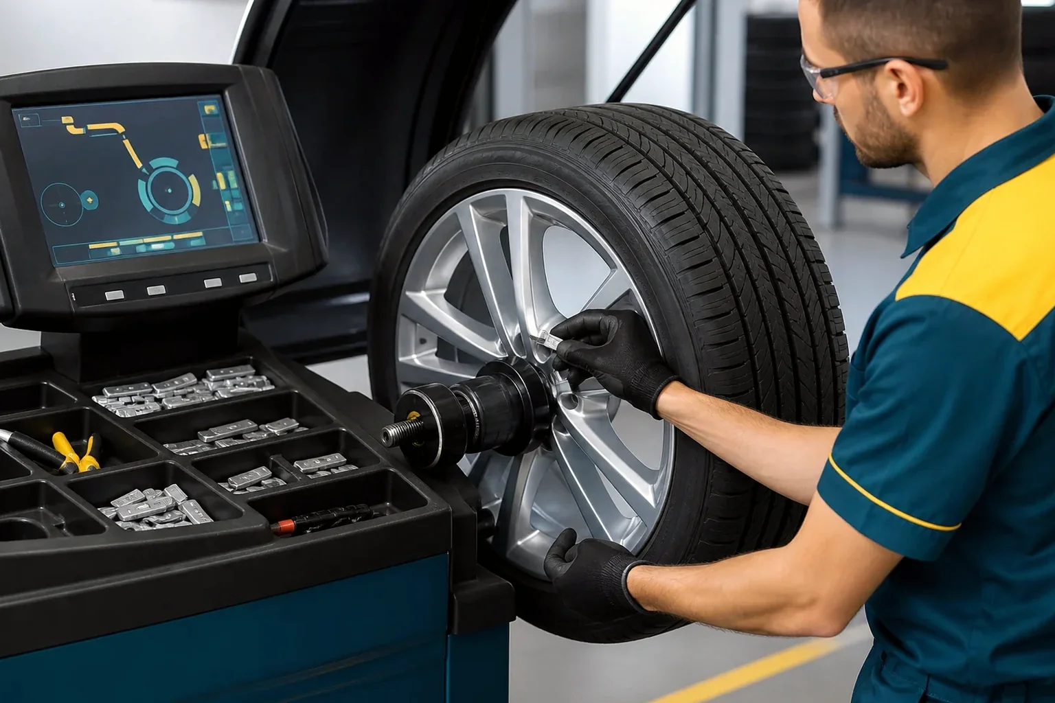 Equipamento de balanceamento de rodas em funcionamento.