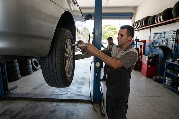 Pneus em bom estado exibindo cuidados preventivos em uma borracharia.