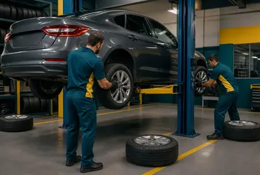 Profissional realizando o rodízio de pneus em um veículo.