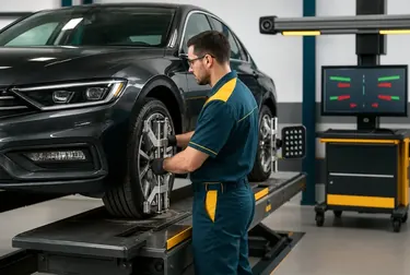 Técnico ajustando o alinhamento das rodas em uma borracharia.