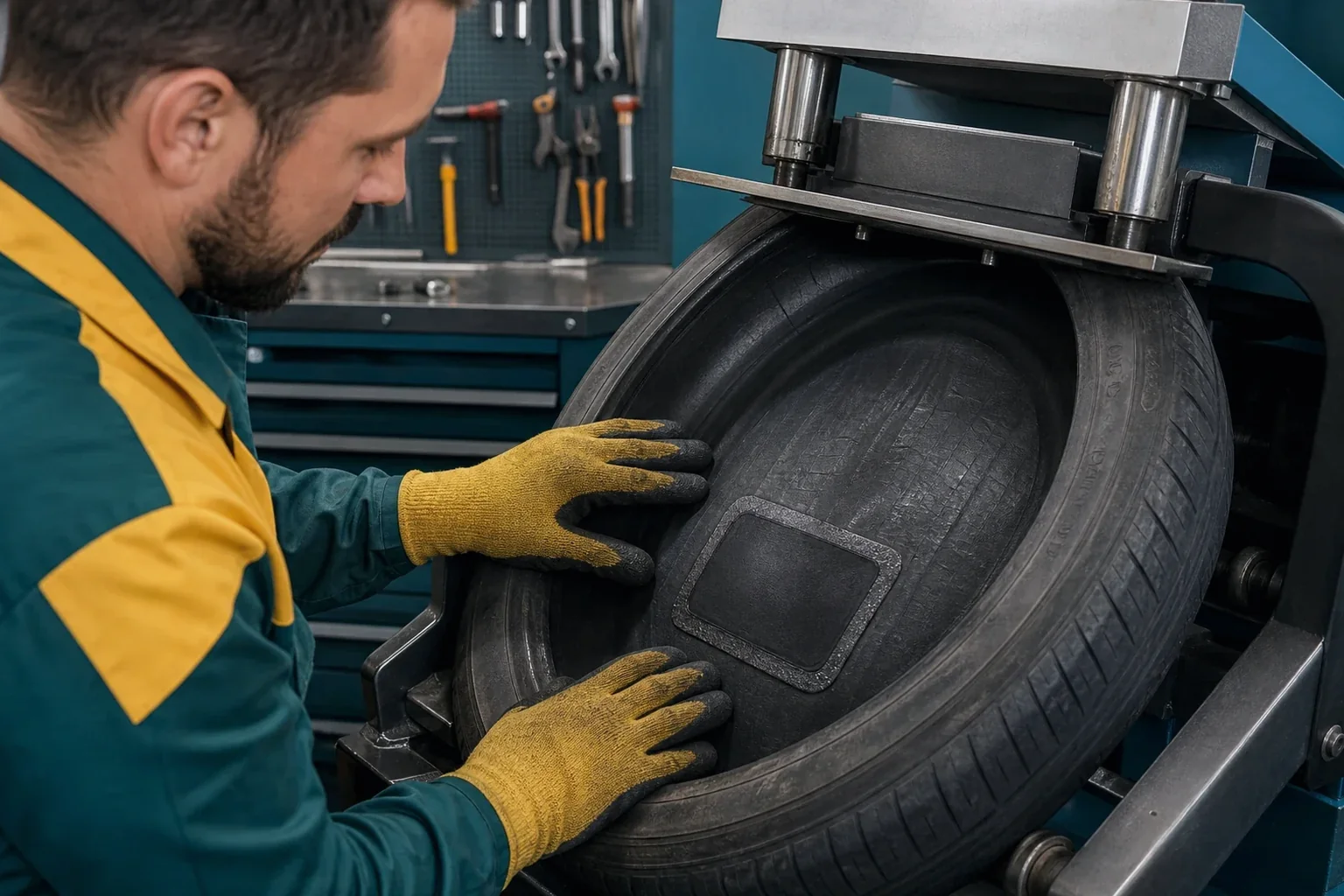 Técnico aplicando vulcanização em um pneu.