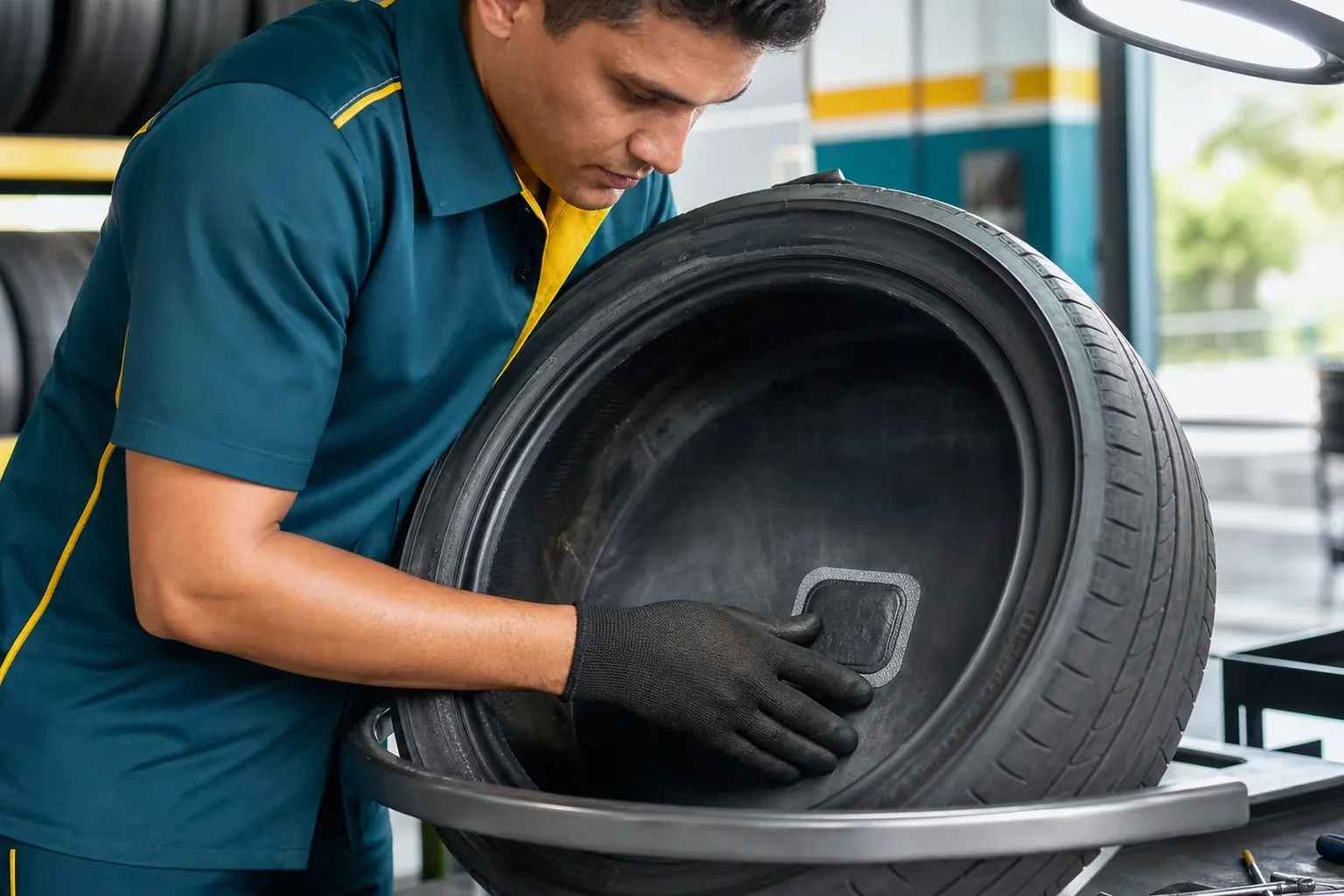 Técnico consertando um pneu em uma borracharia.